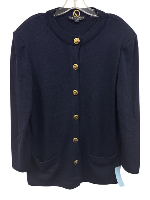 St John Basics Size L Navy blue & gold Wool Knit Button Detail Cardigan Navy blue & gold / L