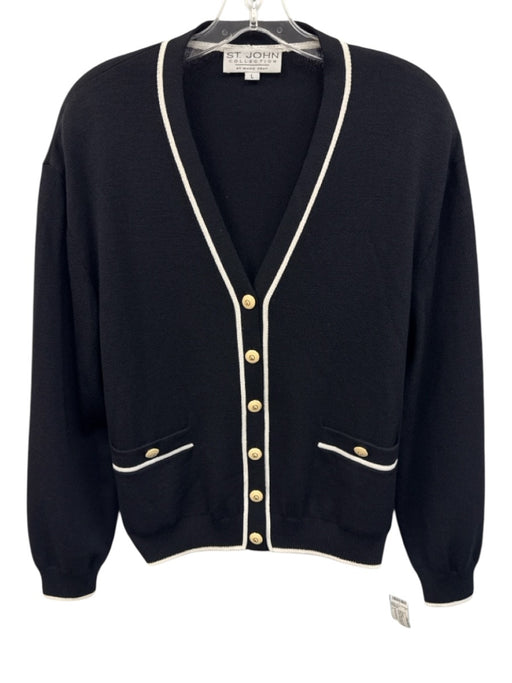 St John Collection Size L Black & White Wool Knit Contrast Trim Cardigan Black & White / L
