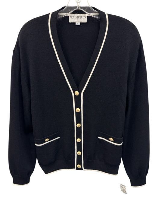 St John Collection Size L Black & White Wool Knit Contrast Trim Cardigan Black & White / L