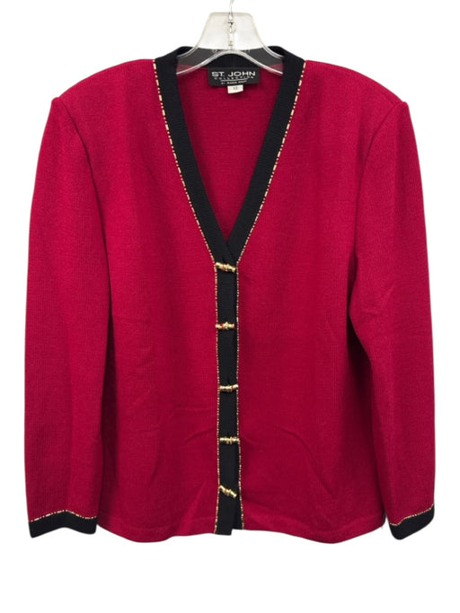 St John Collection Size 12 Red, Black, Gold Wool Knit Bamboo Detail Cardigan Red, Black, Gold / 12