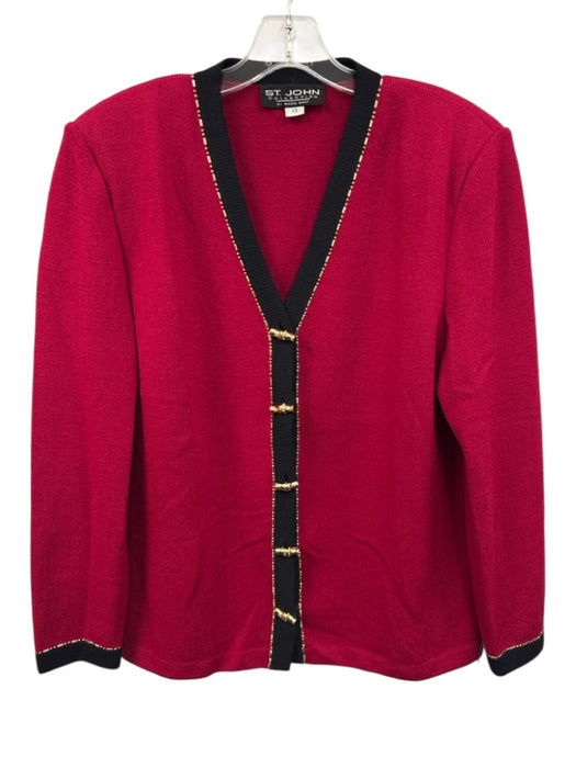 St John Collection Size 12 Red, Black, Gold Wool Knit Bamboo Detail Cardigan Red, Black, Gold / 12