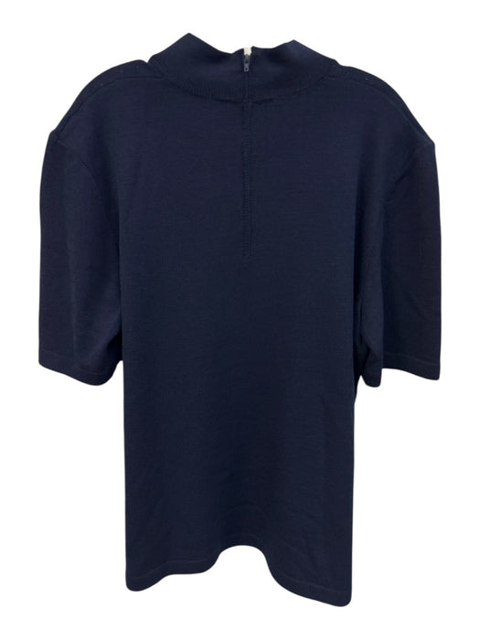 St John Basics Size L Navy Blue Wool Short Sleeve Knit Mock Turtle Back Zip Top Navy Blue / L
