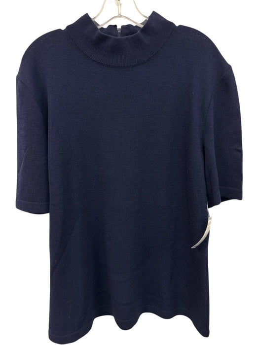 St John Basics Size L Navy Blue Wool Short Sleeve Knit Mock Turtle Back Zip Top Navy Blue / L