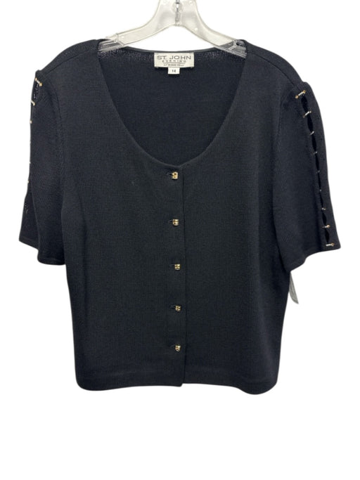 St. John Evening Size 14 Black & Gold Wool & Rayon Short Sleeve Gold Buttons Top Black & Gold / 14