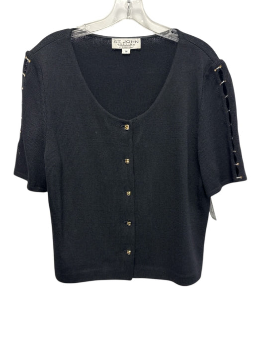 St. John Evening Size 14 Black & Gold Wool & Rayon Short Sleeve Gold Buttons Top Black & Gold / 14