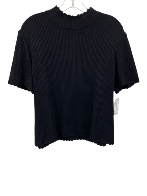 St. John Basics Size L Black Wool & Rayon Short Sleeve Scallop Hem high neck Top Black / L