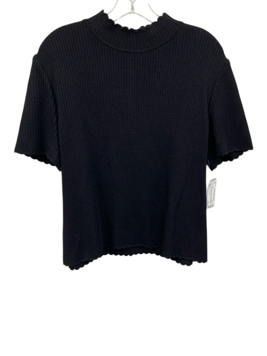 St. John Basics Size L Black Wool & Rayon Short Sleeve Scallop Hem high neck Top Black / L