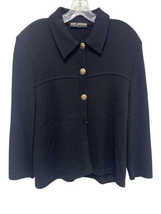 St. John Basics Size L Black Wool & Rayon Gold Buttons Collar Knit Jacket Black / L