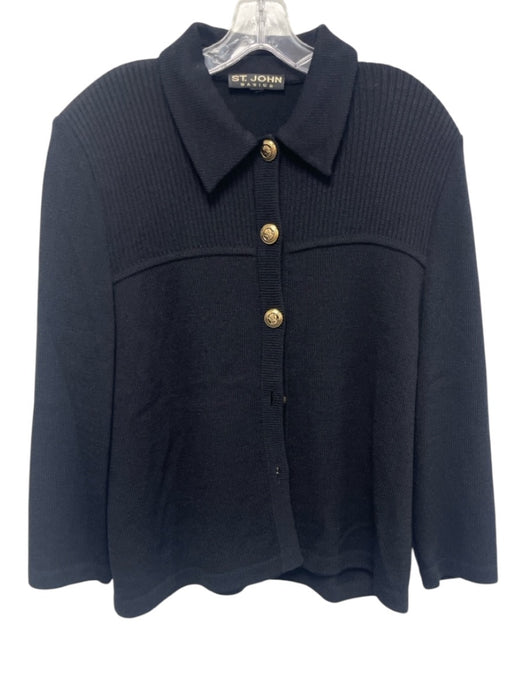 St. John Basics Size L Black Wool & Rayon Gold Buttons Collar Knit Jacket Black / L