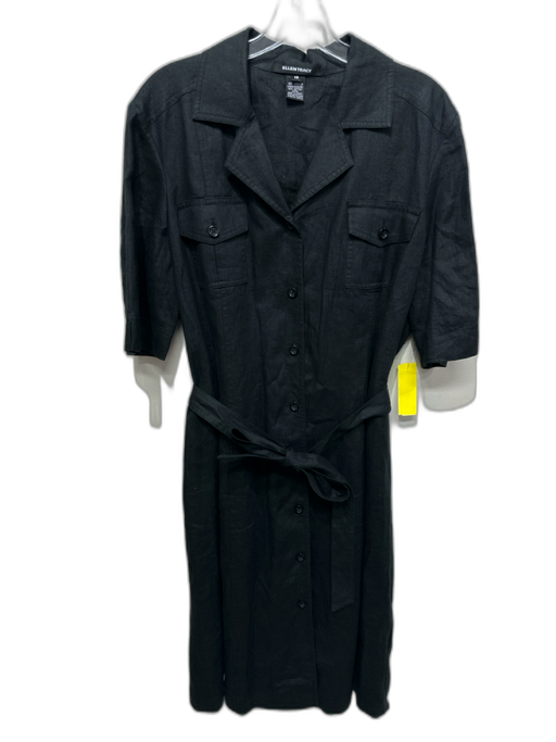 Ellen Tracy Size XL Black Linen Short Sleeve Button Front Collar Dress Black / XL