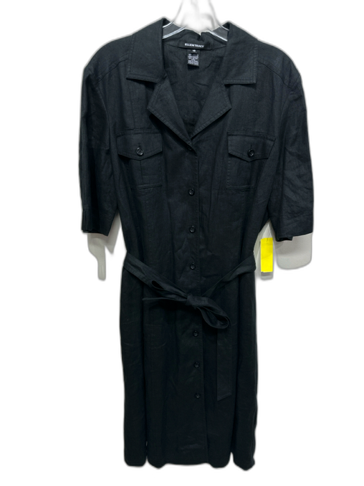 Ellen Tracy Size XL Black Linen Short Sleeve Button Front Collar Dress Black / XL