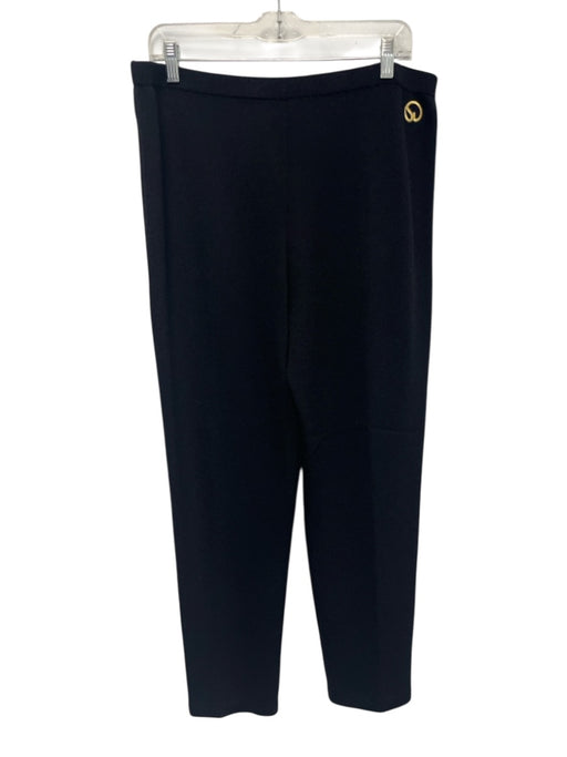 St. John Basics Size 14 Black Wool & Rayon Elastic Waist Knit Gold Logo Pants Black / 14