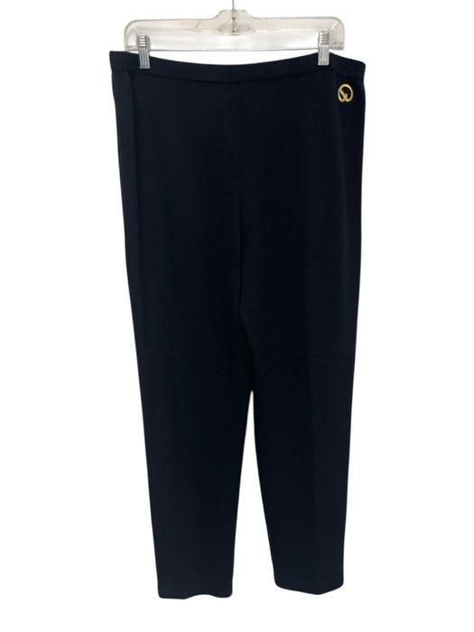 St. John Basics Size 14 Black Wool & Rayon Elastic Waist Knit Gold Logo Pants Black / 14