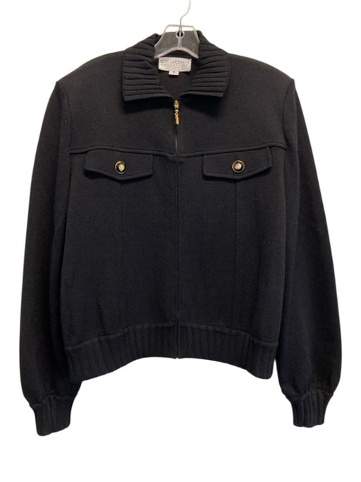 St. John Collection Size M Black Wool & Rayon Shoulder Pads Knit Zip Up Jacket Black / M