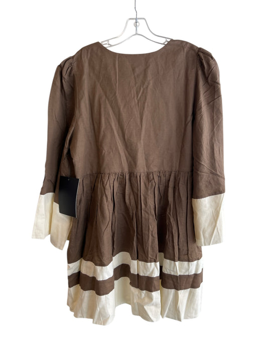 Tuckernuck Size XL Cream & Brown Linen & Cotton round split neck Side Zip Dress Cream & Brown / XL