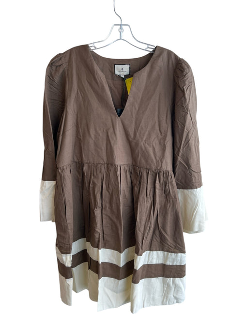 Tuckernuck Size XL Cream & Brown Linen & Cotton round split neck Side Zip Dress Cream & Brown / XL