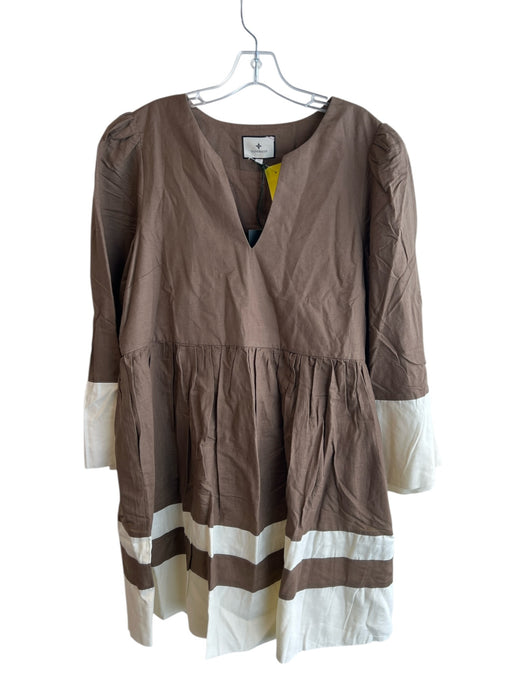 Tuckernuck Size XL Cream & Brown Linen & Cotton round split neck Side Zip Dress Cream & Brown / XL