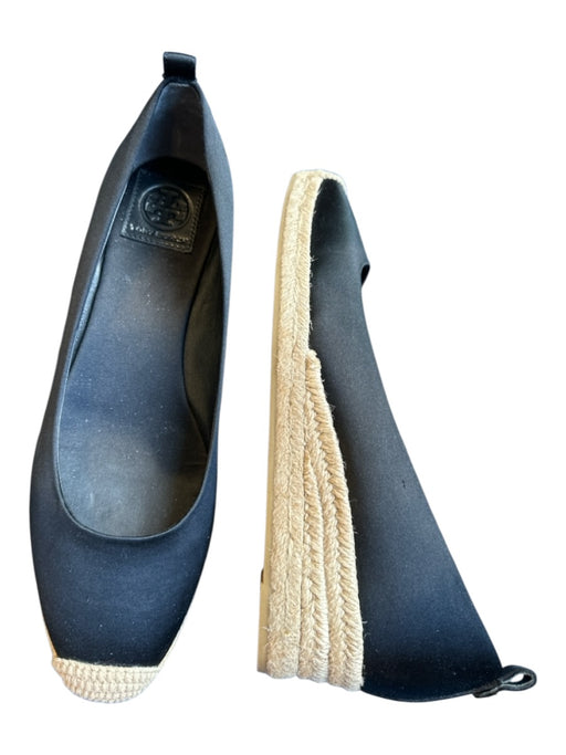 Tory Burch Shoe Size 8.5 Black & Tan Satin & Jute Round Toe Wedges Black & Tan / 8.5