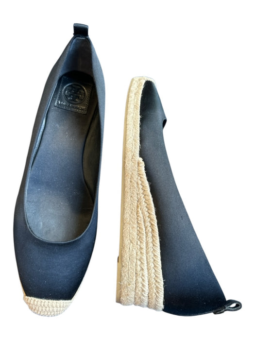 Tory Burch Shoe Size 8.5 Black & Tan Satin & Jute Round Toe Wedges Black & Tan / 8.5