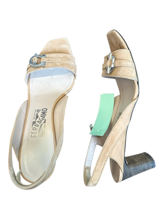 Salvatore Ferragamo Shoe Size 9 Tan & Silver Suede Block Heel Toggle Sandals Tan & Silver / 9