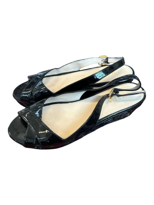 Prada Shoe Size 40 Black Patent Leather Woven Heel Ankle Strap Sandal Wedges Black / 40