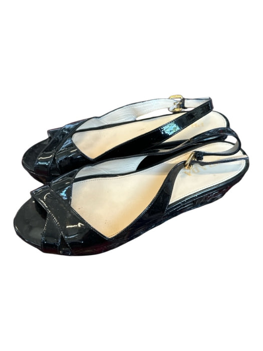 Prada Shoe Size 40 Black Patent Leather Woven Heel Ankle Strap Sandal Wedges Black / 40