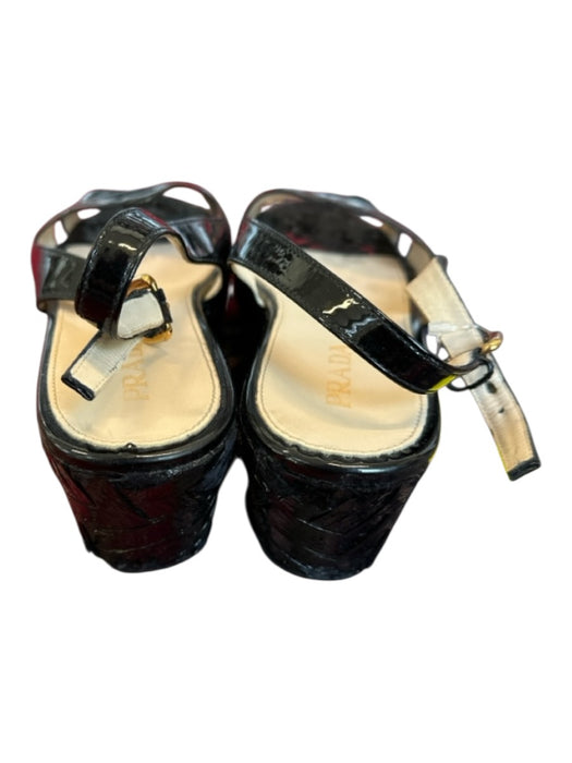 Prada Shoe Size 40 Black Patent Leather Woven Heel Ankle Strap Sandal Wedges Black / 40