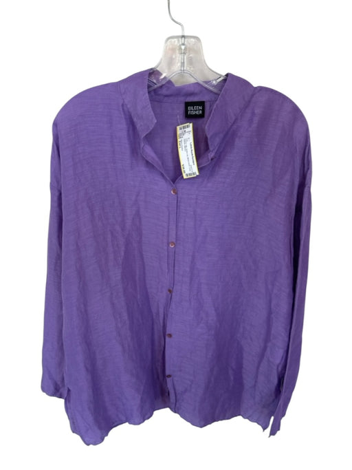 Eileen Fisher Size Est L Purple Silk Button Up Mock Neck Long Sleeve Top Purple / Est L