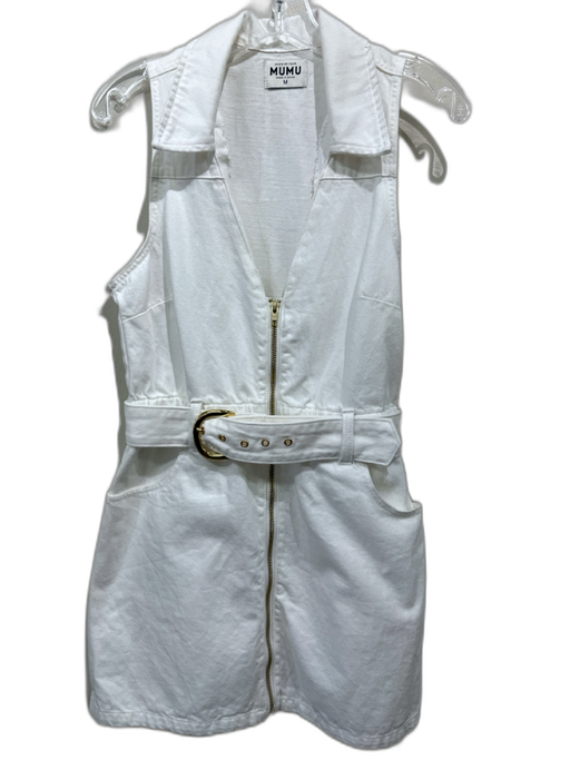 Mumu Size M White & Gold Cotton Denim Sleeveless Gold Zipper Elastic Waist Dress White & Gold / M