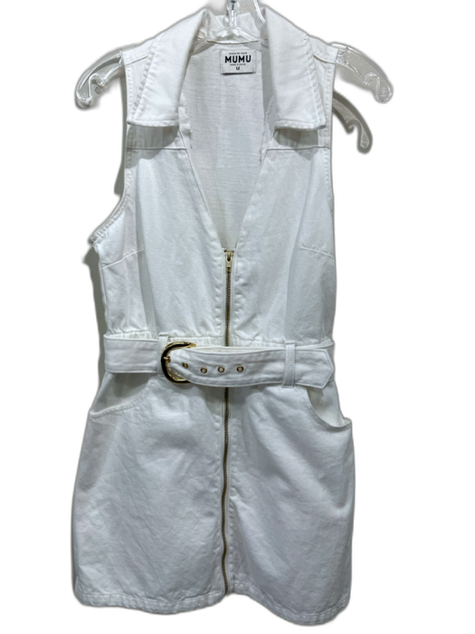 Mumu Size M White & Gold Cotton Denim Sleeveless Gold Zipper Elastic Waist Dress White & Gold / M