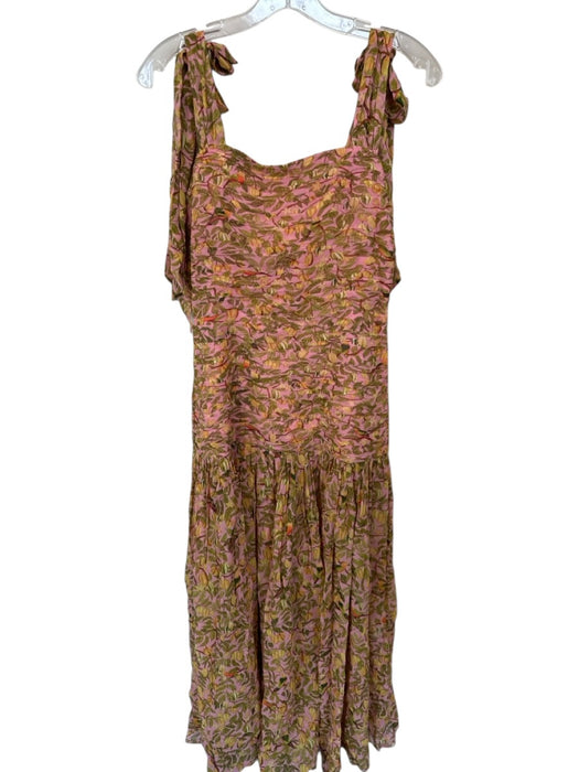 Farm Rio Size XL Pink & Green Viscose Flutter Sleeves Birds Pleated Waist Dress Pink & Green / XL