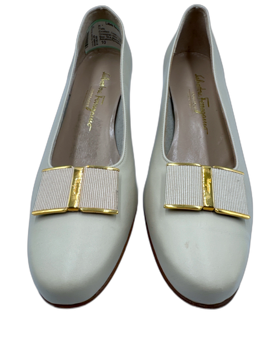 Salvatore Ferragamo Shoe Size 10 Cream & Gold Leather Grossgrain ribbon Flats Cream & Gold / 10