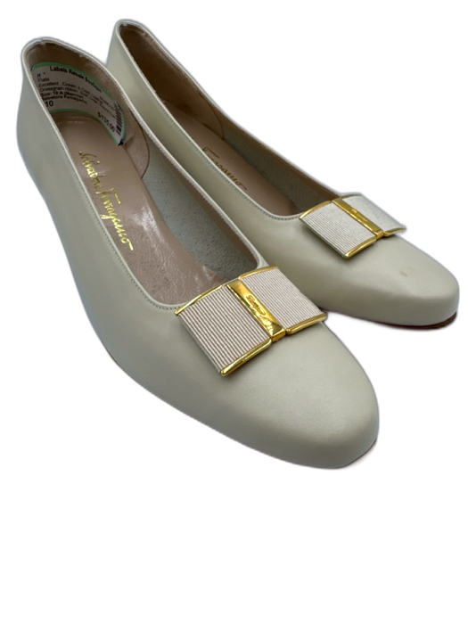 Salvatore Ferragamo Shoe Size 10 Cream & Gold Leather Grossgrain ribbon Flats Cream & Gold / 10