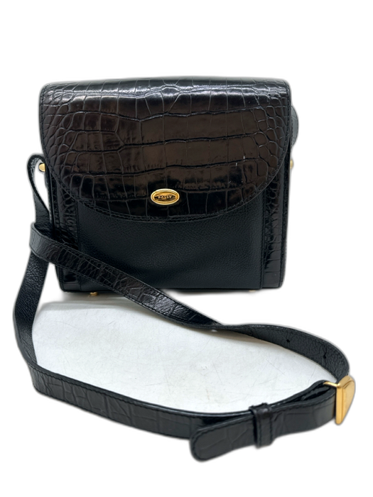 Bally Black Leather Croc Embossed Pebbled Gold Hardware Crossbody Bag Black / Small