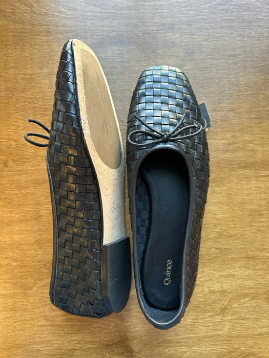 Quince Shoe Size 10 Black Leather Basket Weave Square Toe Bow Flats