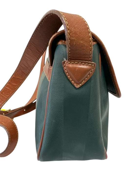 Fendi Dark Green & Tan Coated Canvas Leather Strap Stripe Flap Crossbody Bag Dark Green & Tan / Medium