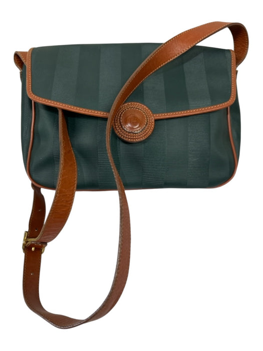 Fendi Dark Green & Tan Coated Canvas Leather Strap Stripe Flap Crossbody Bag Dark Green & Tan / Medium
