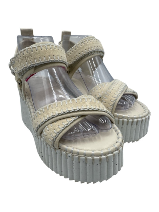 Chloe Shoe Size 36 White & Cream Suede Velcro Strap Blanket Stitch Sandals White & Cream / 36