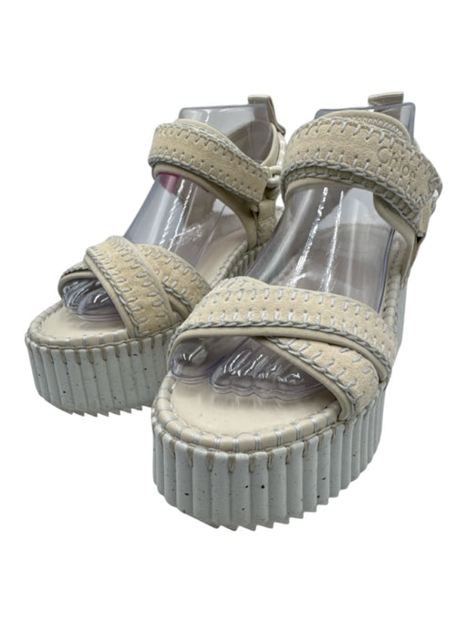 Chloe Shoe Size 36 White & Cream Suede Velcro Strap Blanket Stitch Sandals White & Cream / 36