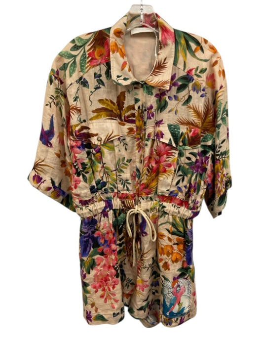 Zimmermann Size 4 Blush pink & multi Linen Short Sleeve Floral Print Romper Blush pink & multi / 4