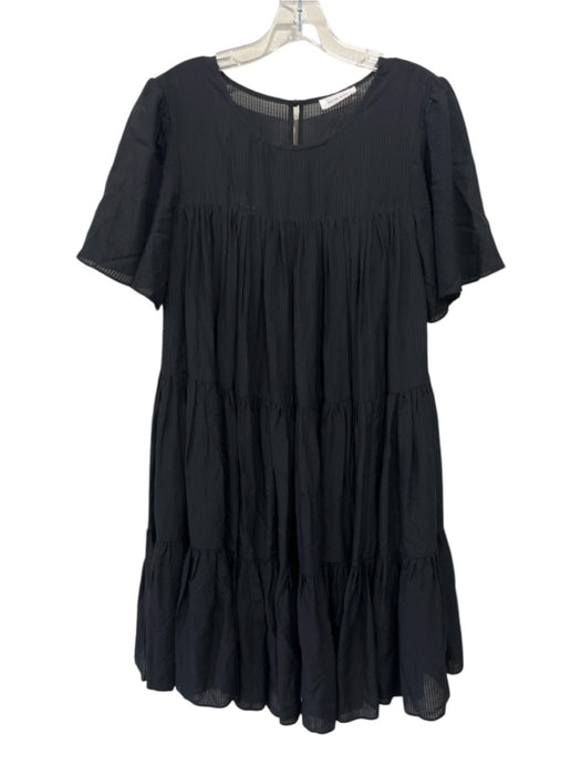 Anine Bing Size XS Black Viscose & Silk Seersucker Short Sleeve Tiered Dress Black / XS