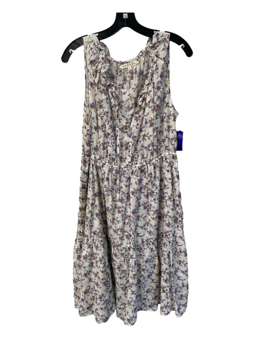 XiRENA Size Large White & Purple Cotton Floral Sleeveless Round split neck Dress White & Purple / Large