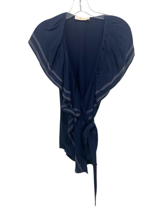Tory Burch Size 4 Navy Blue Viscose Ruffle contrast stitch Wrap Top Navy Blue / 4
