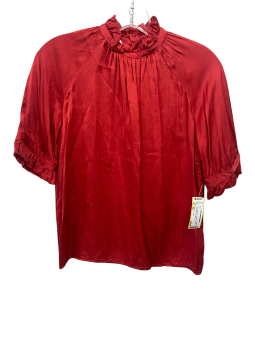 Corey lynn calter Size XS Red Rayon Satin Ruffle high neck short sleeve Top Red / XS
