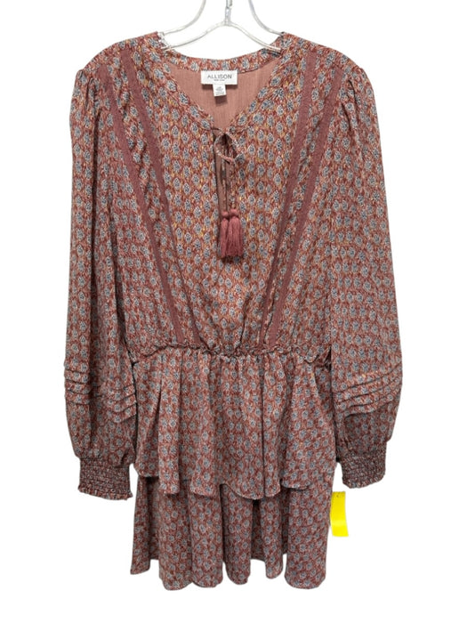 Allison Size L Burnt Orange & Multi Polyester Long Balloon Sleeve Mini Dress Burnt Orange & Multi / L