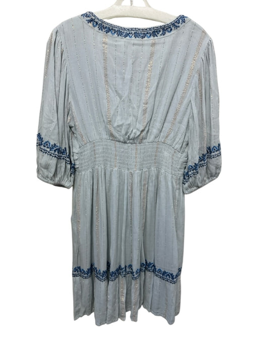 Mahila Size M Blue Viscose Blend V Neck Gold Accent Floral Embroidery Mini Dress Blue / M