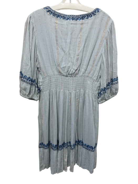 Mahila Size M Blue Viscose Blend V Neck Gold Accent Floral Embroidery Mini Dress Blue / M