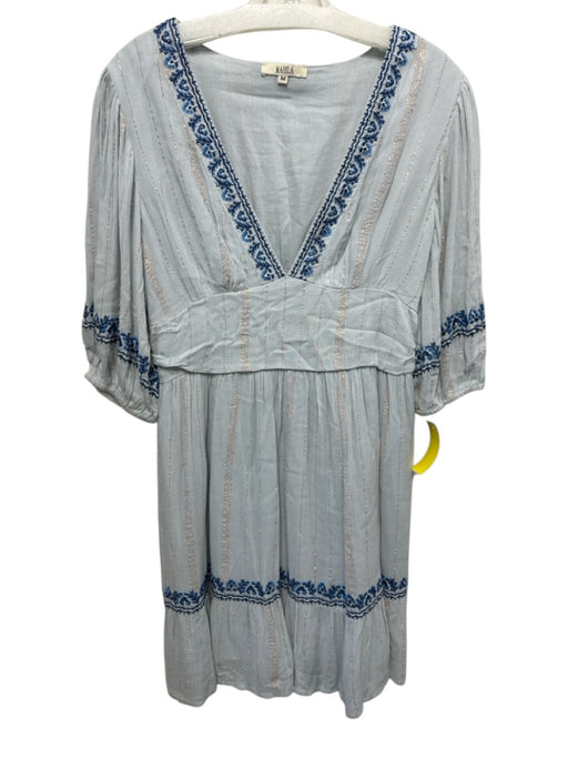 Mahila Size M Blue Viscose Blend V Neck Gold Accent Floral Embroidery Mini Dress Blue / M