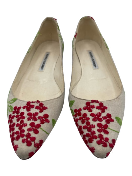 Manolo Blahnik Shoe Size 39.5 Cream, Red & Green Textile Leather Insole Shoes Cream, Red & Green / 39.5