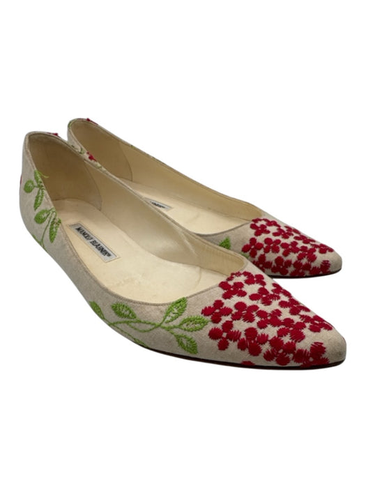 Manolo Blahnik Shoe Size 39.5 Cream, Red & Green Textile Leather Insole Shoes Cream, Red & Green / 39.5